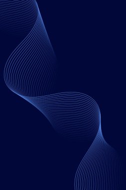 Pankart dalgalarıyla soyut arkaplan. Standart poster boyutunda. Çizgileri olan vektör geometrik arkaplan. Tasarım elementi koyu mavi üzerine izole edilmiş. Mavi gradyan. Broşür, kitapçık.