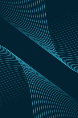 Pankart dalgalarıyla soyut arkaplan. Standart poster boyutunda. Çizgileri olan vektör geometrik arkaplan. Tasarım elementi koyu mavi üzerine izole edilmiş. Mavi gradyan. Broşür, kitapçık.