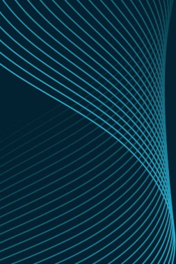 Pankart dalgalarıyla soyut arkaplan. Standart poster boyutunda. Çizgileri olan vektör geometrik arkaplan. Tasarım elementi koyu mavi üzerine izole edilmiş. Mavi gradyan. Broşür, kitapçık.