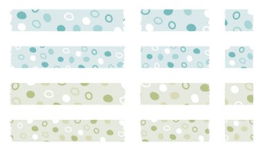 Washi bantları beyaza izole edilmiş. Washi kaset koleksiyonu vektör olarak. Albümler için dekoratif kaset parçaları. Yırtık kağıt. Daireli desen