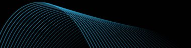 Pankart dalgalarıyla soyut arkaplan. Web pankartı boyutu. Çizgileri olan vektör arkaplanı. Tasarım elementi siyahta izole edildi. Mavi ve siyah eğim. Gece, okyanus