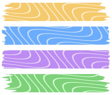 Beyaza izole edilmiş soyut desenli renkli washi kasetleri. Washi kaset koleksiyonu vektör olarak. Albümler için dekoratif kaset parçaları. Yırtık kağıt. Bahar, yaz, tatil