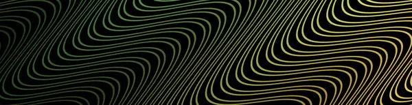 Pankart dalgalarıyla soyut arkaplan. Web pankartı boyutu. Çizgileri olan vektör arkaplanı. Tasarım elementi siyahta izole edildi. Geriye, sarı ve yeşil eğim. Gece, karanlık.