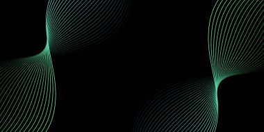 Pankart dalgalarıyla soyut arkaplan. Orta boy pankart. Çizgileri olan vektör arkaplanı. Tasarım elementi siyahta izole edildi. Siyah, yeşil ve mavi. Okyanus, gece, kart