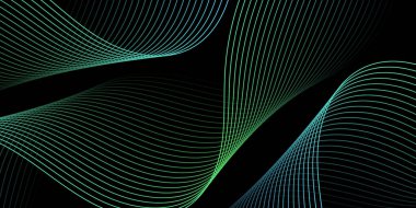 Pankart dalgalarıyla soyut arkaplan. Orta boy pankart. Çizgileri olan vektör arkaplanı. Tasarım elementi siyahta izole edildi. Siyah, yeşil ve mavi. Okyanus, gece, kart