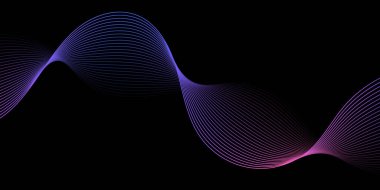 Pankart dalgalarıyla soyut arkaplan. Orta boy pankart. Çizgileri olan vektör arkaplanı. Tasarım elementi siyahta izole edildi. Renkli bir eğilim. Mavi, mor, pembe