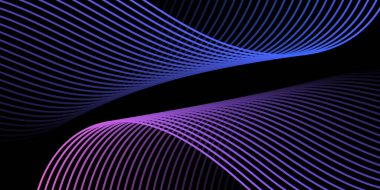 Pankart dalgalarıyla soyut arkaplan. Orta boy pankart. Çizgileri olan vektör arkaplanı. Tasarım elementi siyahta izole edildi. Renkli bir eğilim. Mavi, mor, pembe