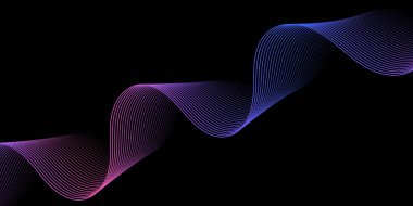 Pankart dalgalarıyla soyut arkaplan. Orta boy pankart. Çizgileri olan vektör arkaplanı. Tasarım elementi siyahta izole edildi. Renkli bir eğilim. Mavi, mor, pembe