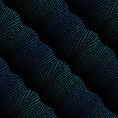 Dalgalarla soyut arkaplan. Çizgileri olan vektör pankartı. Müzik albümü, poster, kart, reklam için arka plan. Siyah üzerine izole edilmiş tasarım için geometrik öge. Yeşil ve mavi gradyan. Gece, karanlık.