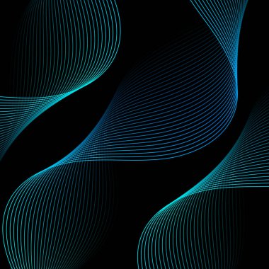 Dalgalarla soyut arkaplan. Çizgileri olan vektör pankartı. Müzik albümü, poster, kart, reklam için arka plan. Siyah üzerine izole edilmiş tasarım için geometrik öge. Yeşil ve mavi gradyan. Gece, karanlık.