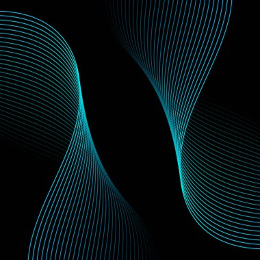 Dalgalarla soyut arkaplan. Çizgileri olan vektör pankartı. Müzik albümü, poster, kart, reklam için arka plan. Siyah üzerine izole edilmiş tasarım için geometrik öge. Yeşil ve mavi gradyan. Gece, karanlık.