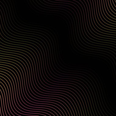 Dalgalarla soyut arkaplan. Çizgileri olan vektör pankartı. Müzik albümü, poster, kart, reklam için arka plan. Siyah üzerine izole edilmiş tasarım için geometrik öge. Pembe ve sarı renkte. Gece, karanlık.