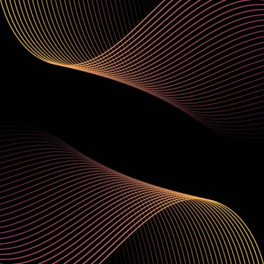 Dalgalarla soyut arkaplan. Çizgileri olan vektör pankartı. Müzik albümü, poster, kart, reklam için arka plan. Siyah üzerine izole edilmiş tasarım için geometrik öge. Pembe ve sarı renkte. Gece, karanlık.