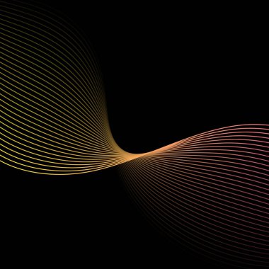 Dalgalarla soyut arkaplan. Çizgileri olan vektör pankartı. Müzik albümü, poster, kart, reklam için arka plan. Siyah üzerine izole edilmiş tasarım için geometrik öge. Pembe ve sarı renkte. Gece, karanlık.