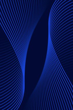 Pankart dalgalarıyla soyut arkaplan. Standart poster boyutunda. Çizgileri olan vektör arkaplanı. Tasarım elementi koyu mavi üzerine izole edilmiş. Mavi gradyan. Broşür, kitapçık. Okyanus, su. İyi geceler.