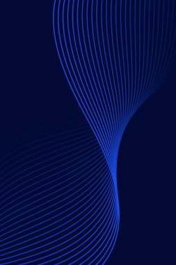 Pankart dalgalarıyla soyut arkaplan. Standart poster boyutunda. Çizgileri olan vektör arkaplanı. Tasarım elementi koyu mavi üzerine izole edilmiş. Mavi gradyan. Broşür, kitapçık. Okyanus, su. İyi geceler.