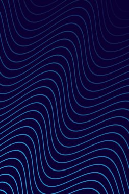 Pankart dalgalarıyla soyut arkaplan. Standart poster boyutunda. Çizgileri olan vektör arkaplanı. Tasarım elementi koyu mavi üzerine izole edilmiş. Mavi gradyan. Broşür, kitapçık. Okyanus, su. İyi geceler.