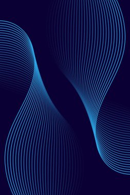 Pankart dalgalarıyla soyut arkaplan. Standart poster boyutunda. Çizgileri olan vektör arkaplanı. Tasarım elementi koyu mavi üzerine izole edilmiş. Mavi gradyan. Broşür, kitapçık. Okyanus, su. İyi geceler.