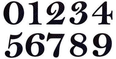 Beyaza izole edilmiş siyah sayılar kümesi. Sayılı alfabe. Tasarım için vektör grafik elementler. Dalgalı soyut desen. Çizgiler