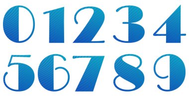 Beyaz üzerine izole edilmiş mavi sayılar kümesi. Sayılı alfabe. Tasarım için vektör grafik elementler. Çizgilerle soyut desen