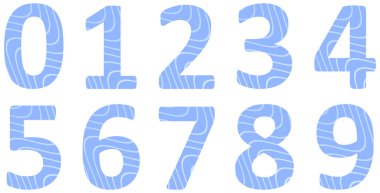 Beyaz üzerine izole edilmiş mavi sayılar kümesi. Sayılı alfabe. Tasarım için vektör grafik elementler. Çizgiler ve dalgalarla soyut desen. Yaz, bahar, tatil