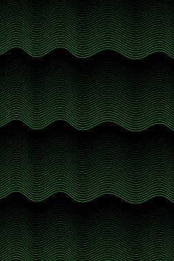 Pankart dalgalarıyla soyut arkaplan. Standart poster boyutunda. Çizgileri olan vektör geometrik arkaplan. Tasarım elementi siyahta izole edildi. Siyah ve yeşil eğim. Broşür, kitapçık.