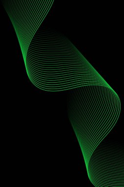 Pankart dalgalarıyla soyut arkaplan. Standart poster boyutunda. Çizgileri olan vektör geometrik arkaplan. Tasarım elementi siyahta izole edildi. Siyah ve yeşil eğim. Broşür, kitapçık.