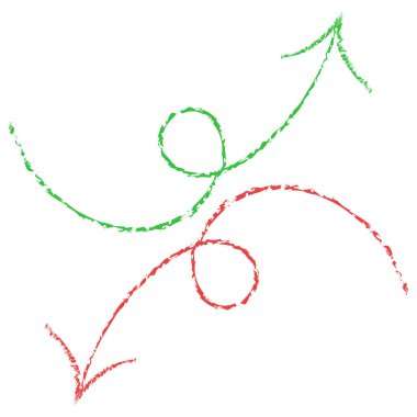 Beyaz zemin üzerinde yeşil ve kırmızı oklar izole edilmiştir. Vektör çizimi. Grafik tasarım elementi. Yönlendirme göstergesi