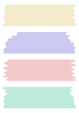 Beyaza izole edilmiş renkli washi bantları. Washi kaset koleksiyonu vektör olarak. Albümler için dekoratif kaset parçaları. Yırtık kağıt. Sarı, kırmızı, mavi