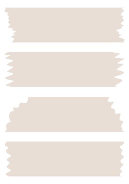 Beyaza izole edilmiş kahverengi washi bantları. Washi kaset koleksiyonu vektör olarak. Albümler için dekoratif kaset parçaları. Yırtık kağıt. Bej