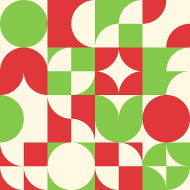 Şekilli soyut geometrik arkaplan. Kusursuz vektör deseni. Kırmızı, yeşil ve bej rengi