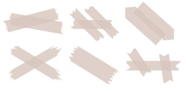 Beyaza izole edilmiş kahverengi yarı şeffaf washi bantları. Washi kaset koleksiyonu vektör olarak. Albümler için dekoratif kaset parçaları. Yırtık kağıt