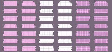 Gri üzerine izole edilmiş kağıt çarşaflar. Albümler için dekoratif kaset parçaları. Washi kaset koleksiyonu vektör olarak. Yırtılmış kağıt. Hücredeki bir defterden yırtılmış kağıt parçası. Pembe kurdeleler.