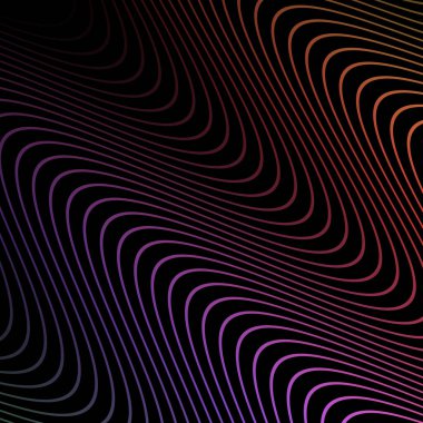 Çizgilerle soyut arkaplan. Dalgalı vektör pankartı. Poster, kart, broşür, broşür, broşür için arka plan. Siyah üzerine izole edilmiş tasarım için geometrik öge. Renkli ve siyah eğimli