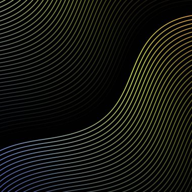 Çizgilerle soyut arkaplan. Dalgalı vektör pankartı. Poster, kart, broşür, broşür, broşür için arka plan. Siyah üzerine izole edilmiş tasarım için geometrik öge. Renkli ve siyah eğimli