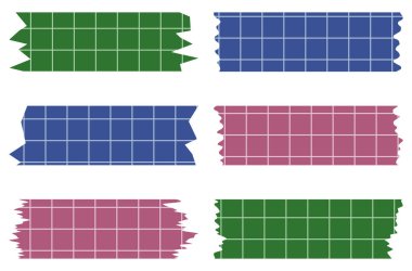 Beyaza izole edilmiş kağıt çarşaflar. Albümler için dekoratif kaset parçaları. Washi kaset koleksiyonu vektör olarak. Yırtılmış kağıt. Hücredeki bir defterden yırtılmış kağıt parçası. Renkli kurdeleler