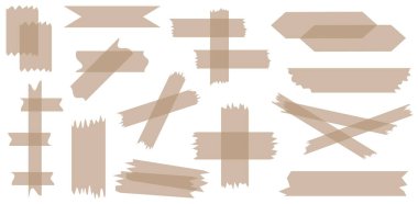 Beyaza izole edilmiş kahverengi yarı şeffaf washi bantları. Washi kaset koleksiyonu vektör olarak. Albümler için dekoratif kaset parçaları. Yırtık kağıt