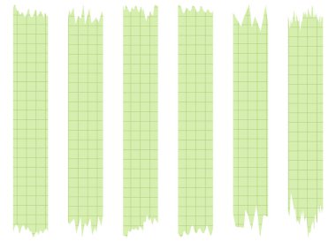 Beyaza izole edilmiş kağıt çarşaflar. Albümler için dekoratif kaset parçaları. Washi kaset koleksiyonu vektör olarak. Yırtılmış kağıt. Hücredeki bir defterden yırtılmış kağıt parçası. Yeşil kurdeleler