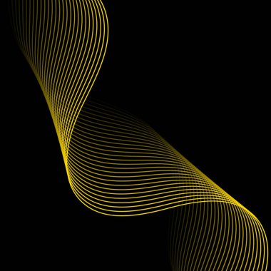 Çizgilerle soyut arkaplan. Dalgalı vektör pankartı. Poster, kart, broşür, broşür, broşür için arka plan. Siyah üzerine izole edilmiş tasarım için geometrik öge. Sarı ve siyah eğim