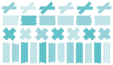 Beyaza izole edilmiş kağıt çarşaflar. Albümler için dekoratif kaset parçaları. Washi kaset koleksiyonu vektör olarak. Yırtılmış kağıt. Hücredeki bir defterden yırtılmış kağıt parçası. Mavi kurdeleler