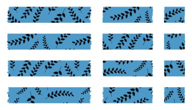 Beyaz üzerinde siyah yapraklar olan mavi washi bantları. Washi bant koleksiyonu. Albümler için dekoratif bant parçaları. Yırtık kağıt