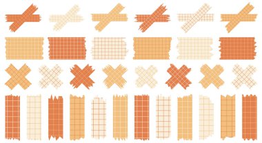 Beyaza izole edilmiş kağıt çarşaflar. Albümler için dekoratif kaset parçaları. Kaset toplama vektörü. Yırtılmış kağıt. Hücredeki bir defterden yırtılmış kağıt parçası. Turuncu ve bej kurdeleler