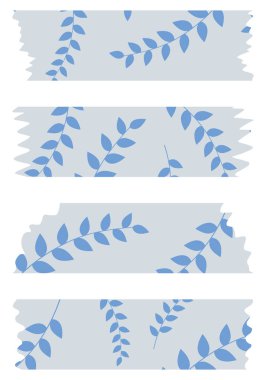 Beyaz üzerinde mavi yapraklar olan gri washi bantları. Washi bant koleksiyonu. Albümler için dekoratif bant parçaları. Yırtık kağıt