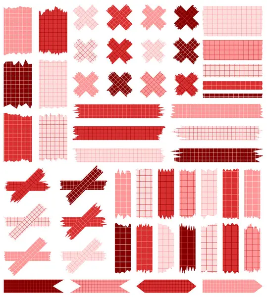 stock vector Set of paper sheets isolated on white. Pieces of decorative tape for scrapbooks. Washi tapes collection in vector. Ripped paper. Torn pieces of paper from a notebook in a cell. Red ribbons