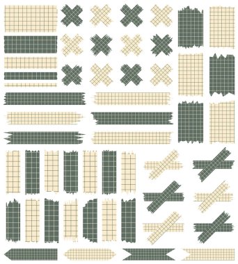 Beyaza izole edilmiş kağıt çarşaflar. Albümler için dekoratif kaset parçaları. Washi kaset koleksiyonu vektör olarak. Yırtılmış kağıt. Hücredeki bir defterden yırtılmış kağıt parçası. Renkli kurdeleler