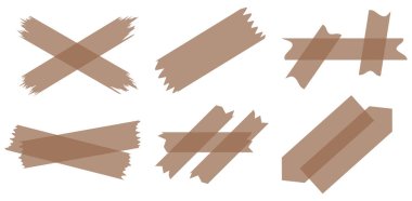 Beyaza izole edilmiş kahverengi yarı şeffaf washi bantları. Kaset toplama vektörü. Albümler için dekoratif kaset parçaları. Yırtık kağıt