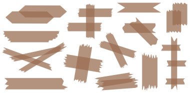 Beyaza izole edilmiş kahverengi yarı şeffaf washi bantları. Kaset toplama vektörü. Albümler için dekoratif kaset parçaları. Yırtık kağıt