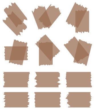 Beyaza izole edilmiş kahverengi yarı şeffaf washi bantları. Kaset toplama vektörü. Albümler için dekoratif kaset parçaları. Yırtık kağıt