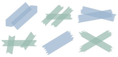 Beyaza izole edilmiş yeşil ve mavi yarı şeffaf washi kasetleri. Kaset toplama vektörü. Albümler için dekoratif kaset parçaları. Yırtık kağıt