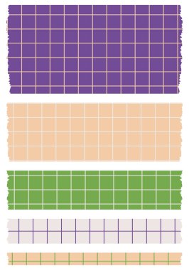 Beyaza izole edilmiş kağıt çarşaflar. Albümler için dekoratif kaset parçaları. Washi kaset koleksiyonu vektör olarak. Yırtılmış kağıt. Hücredeki bir defterden yırtılmış kağıt parçası. Renkli kurdeleler